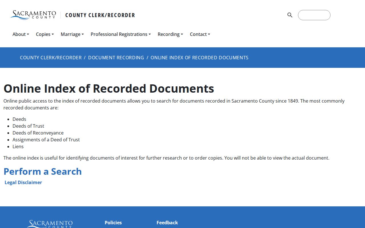 Sacramento County residents directory recorded document index