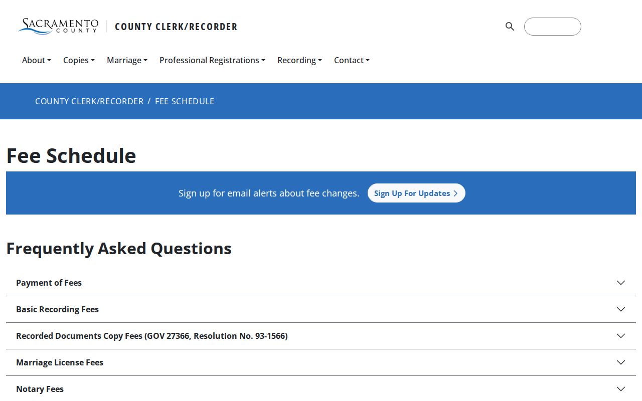 Sacramento County previous residents Clerk Recorder fees