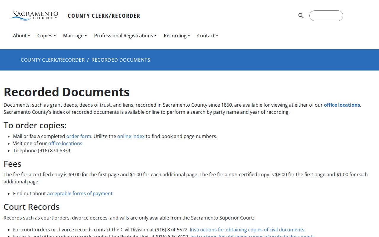 Sacramento County previous residents recorded document copies
