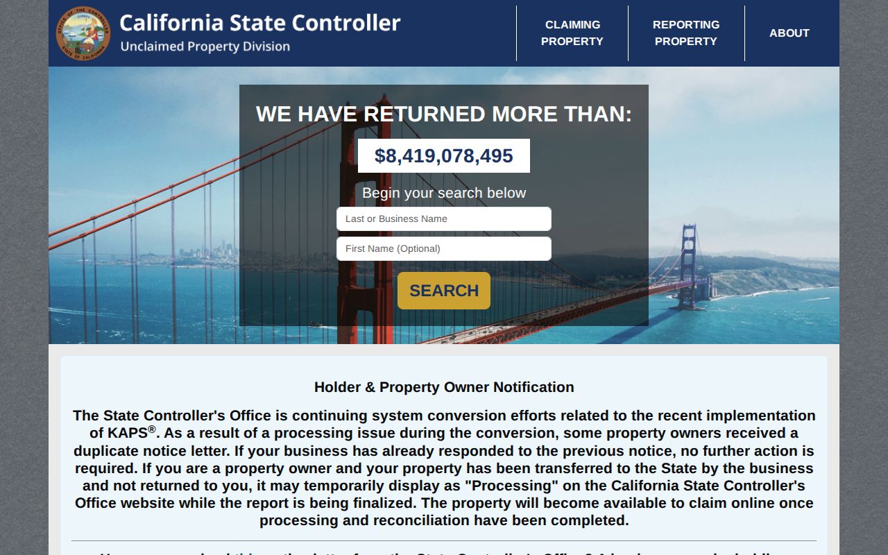 Sacramento County resident lookup California unclaimed property search