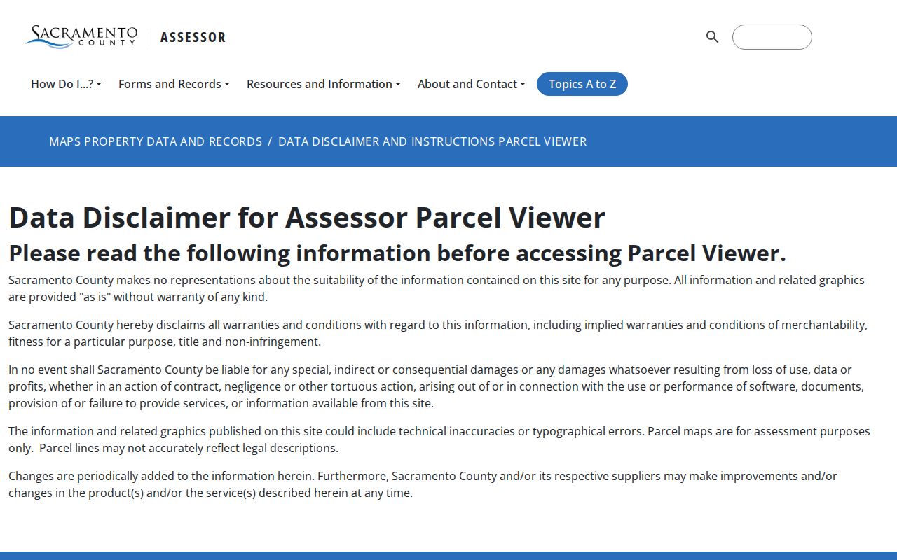 Sacramento County street directory parcel viewer disclaimer