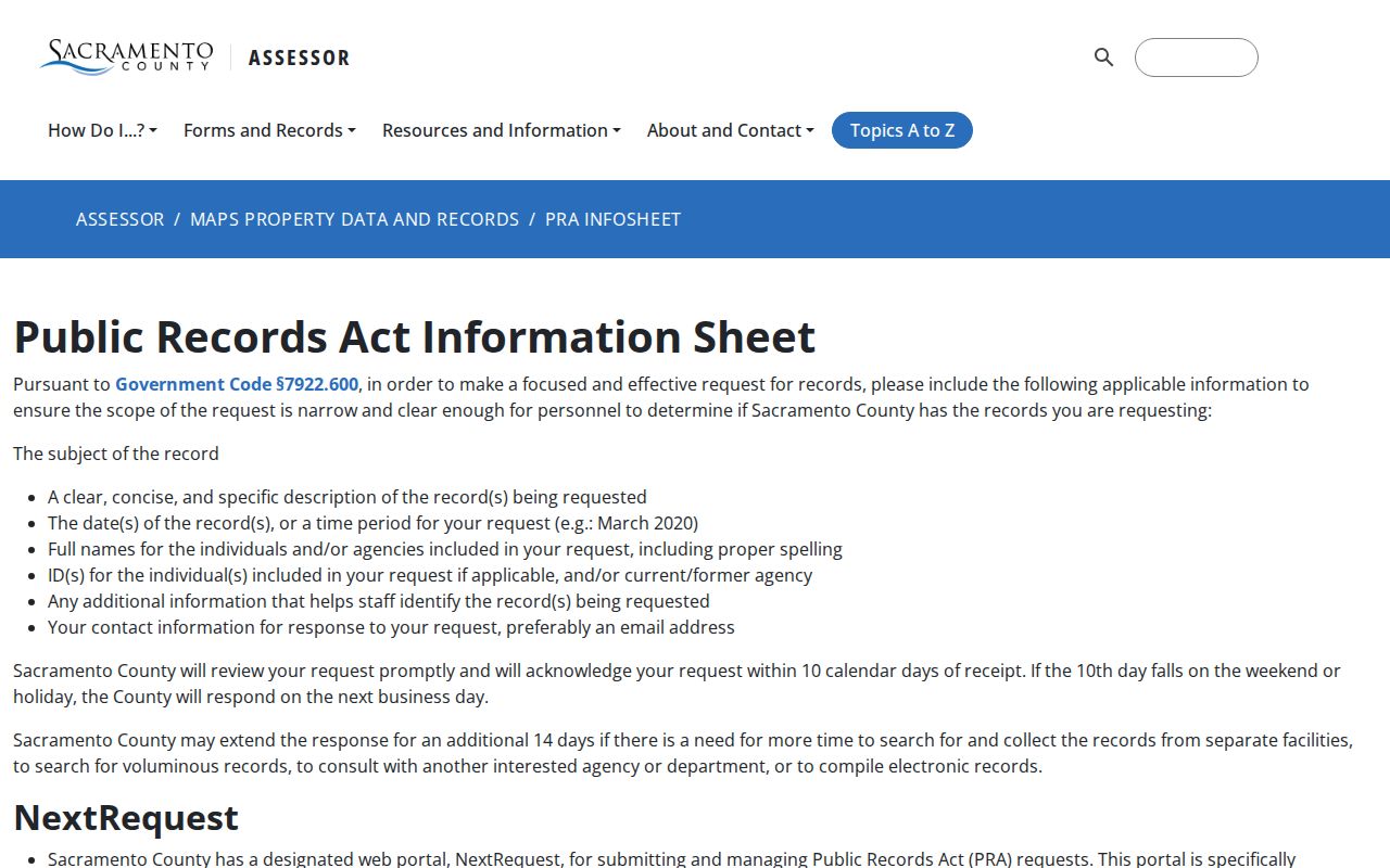 Sacramento County street directory public records request instructions