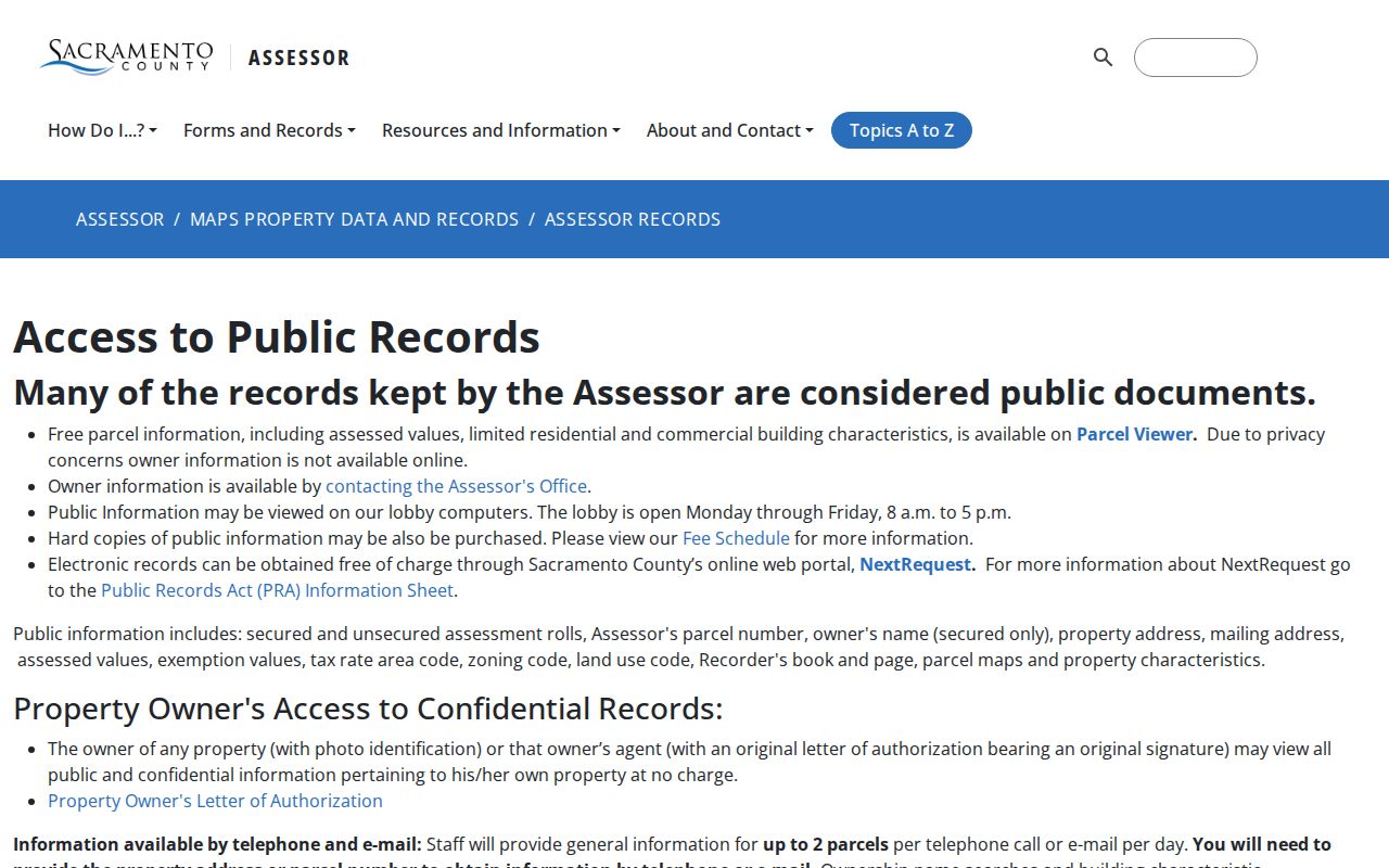 Sacramento County street directory public assessor record fields